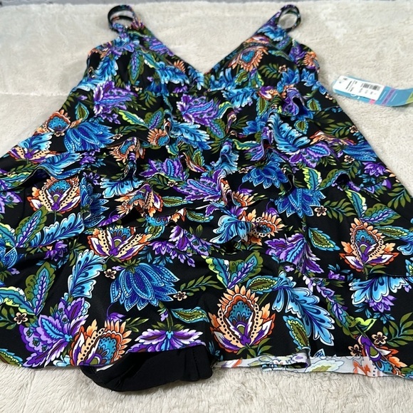 Swim Solutions Boho Paisley Multicolored V-Neck Ruffle one piece Swim Dress sz 8 - Picture 7 of 16